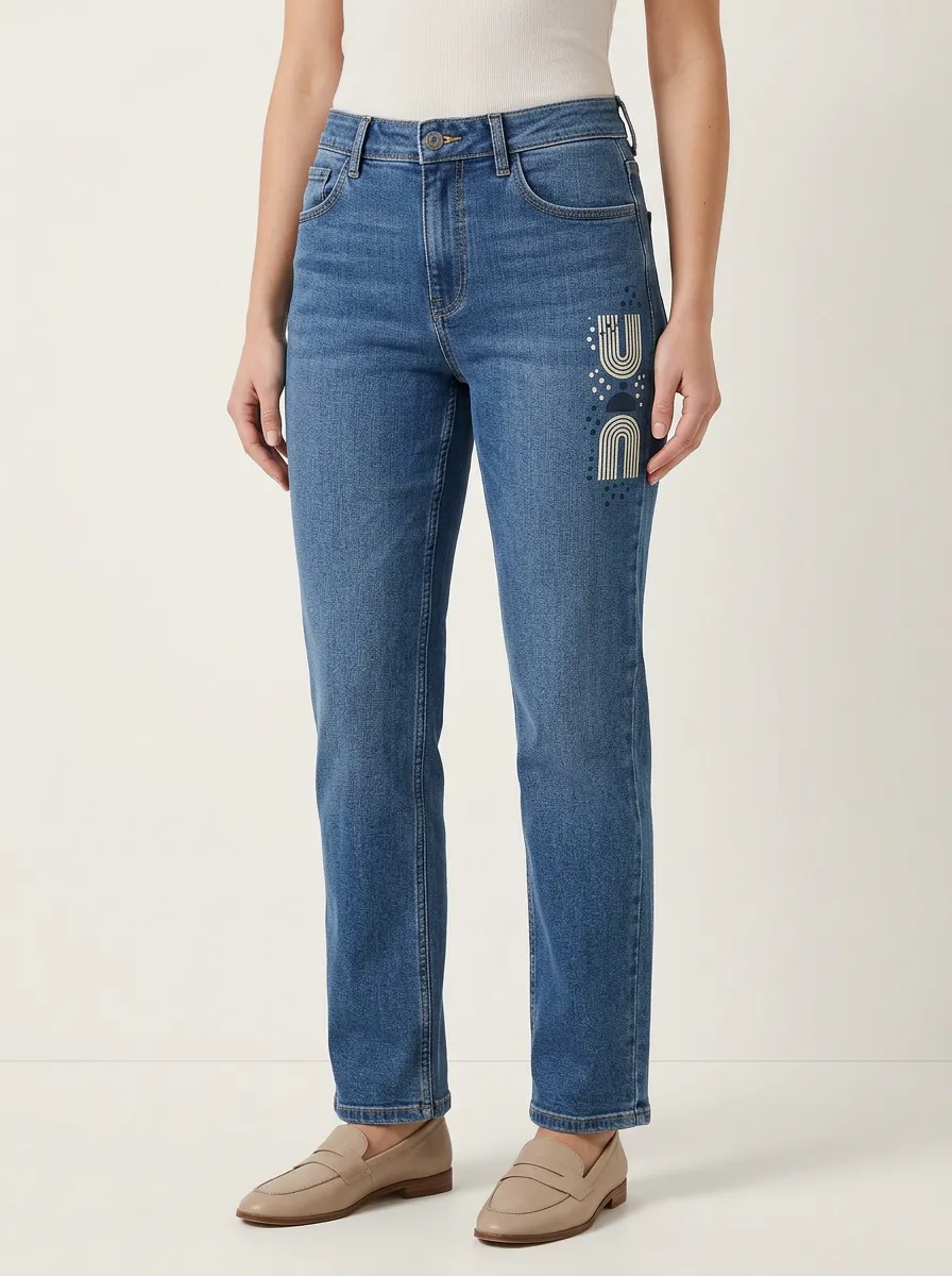 Women's Geometric Rainbow Graphic Mid-Rise Straight-Leg Jeans