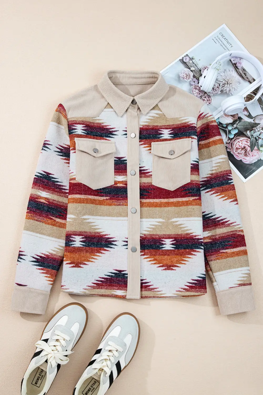 Corduroy Striped Aztec-Pattern Patchwork Jacket