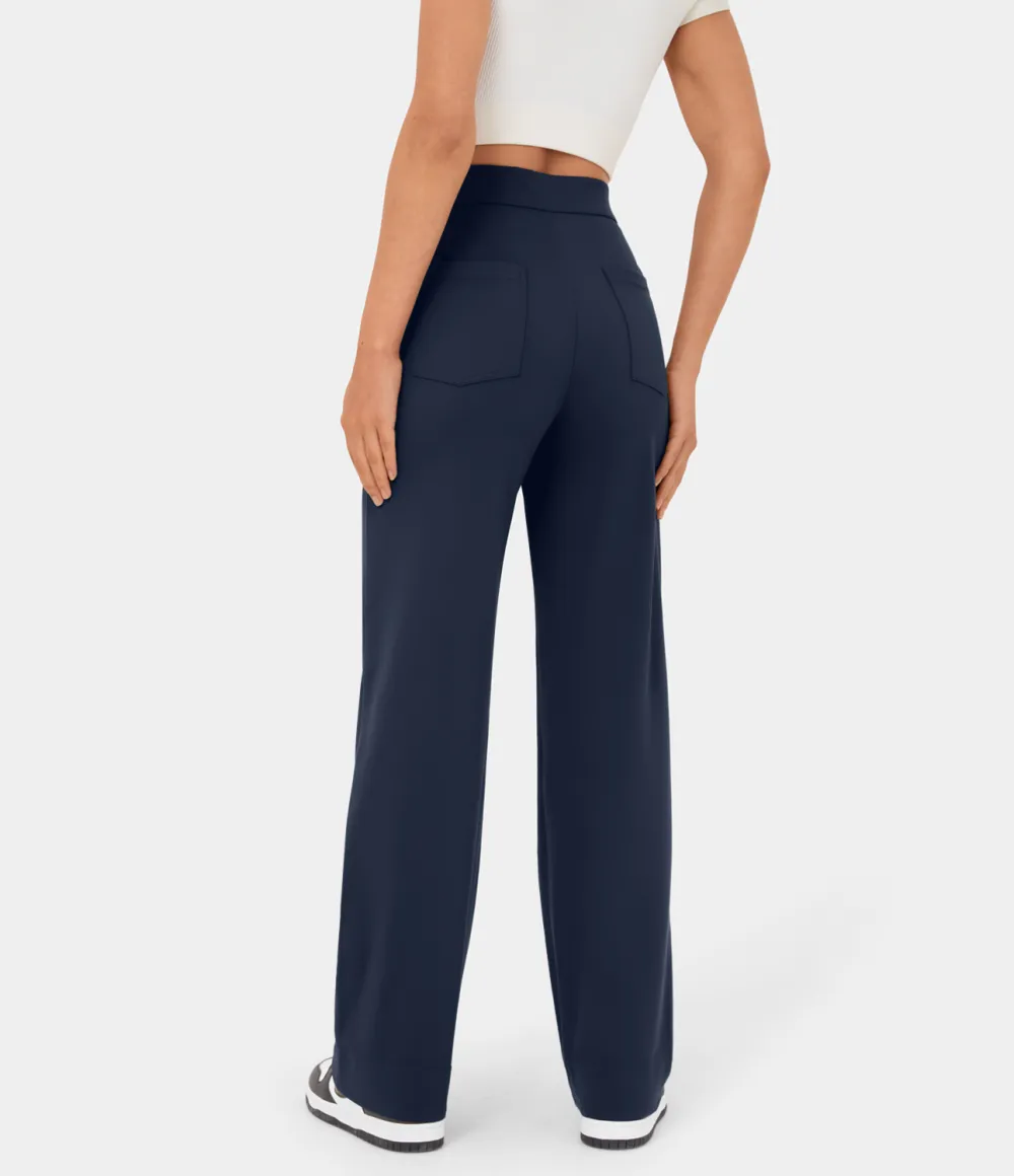 High Waisted Button Multiple Pockets Straight Leg Casual Pants