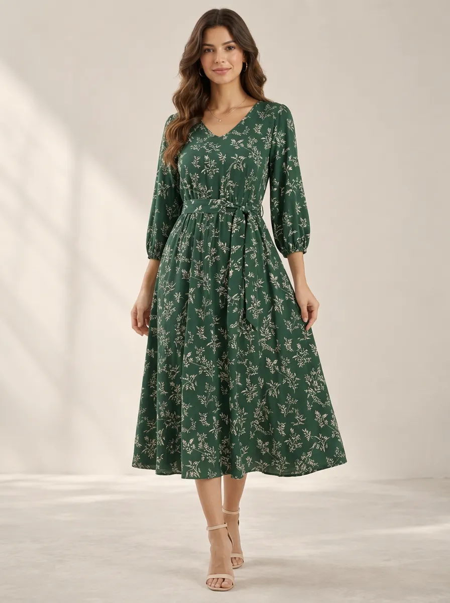 Women's Botanical Floral Vacation Ready V Neck Printed Midi Dress