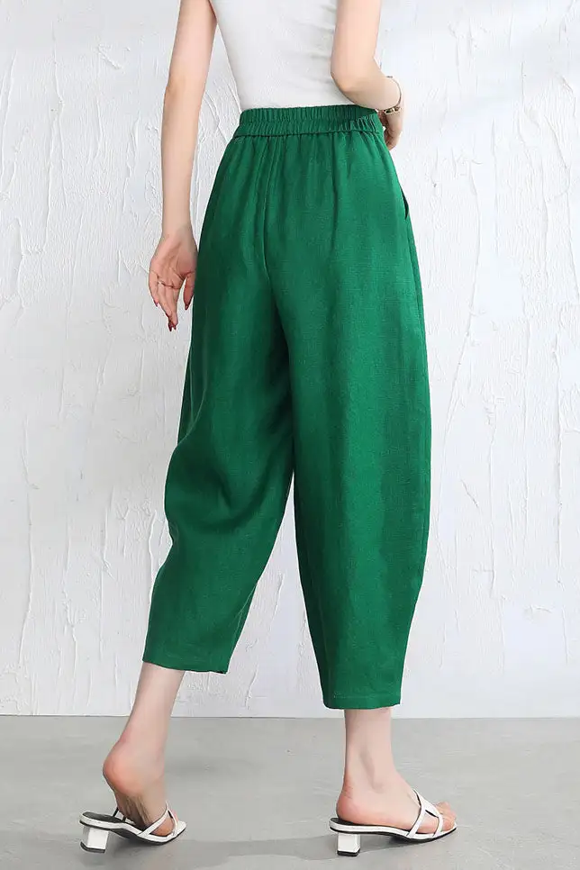 Contemporary Linen Wide Leg Elastic Waist Pocketed Trousers
