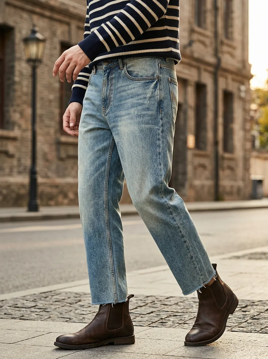 Men's Vintage Wash Distressed Raw Hem Denim Jeans