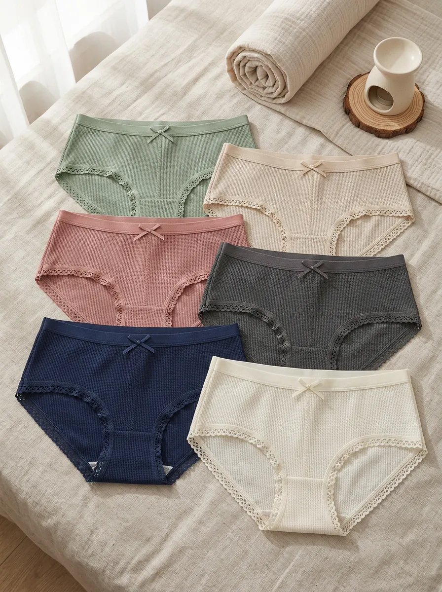 Women's Waffle Knit Bowknot Lace Trim Multi-color Panties Set