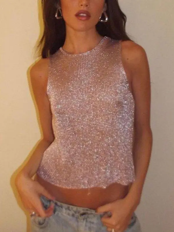 Crew-Neck Sheer Metallic Cropped Tank Top