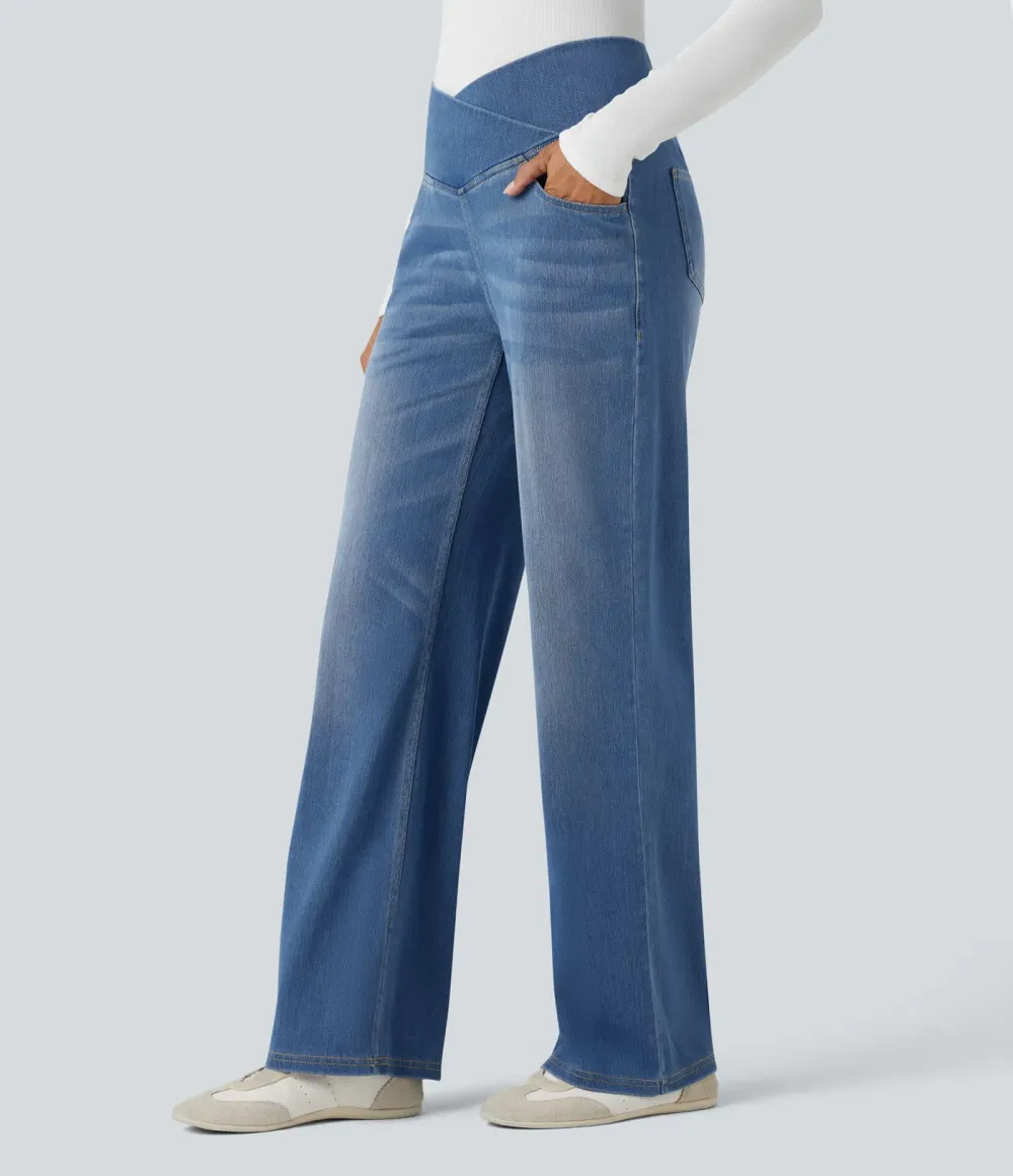 High-waisted, relaxed, crossover straight-leg jeans with  pockets