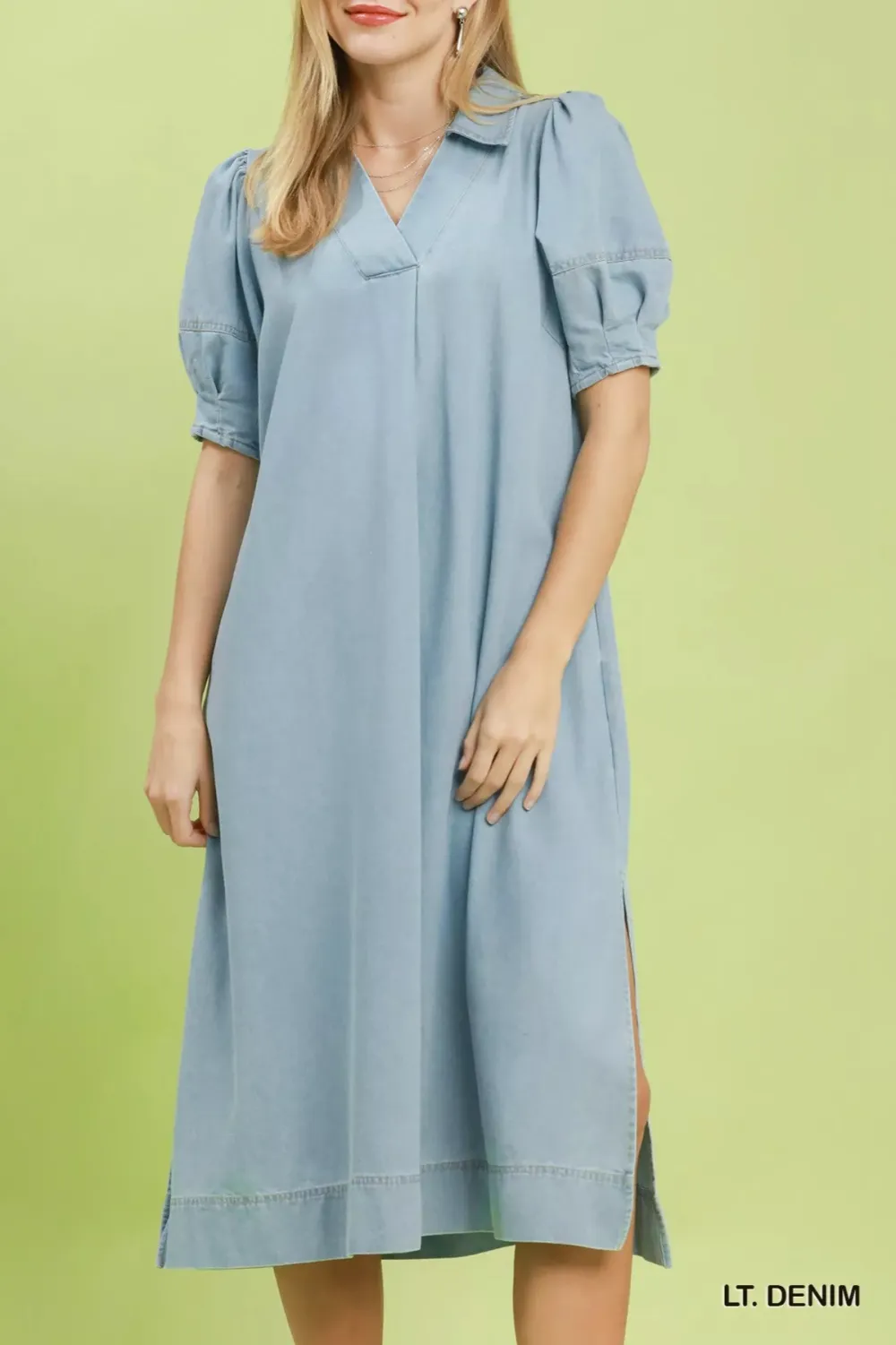 V-Neck Puff Sleeve A-Line Chambray Dress