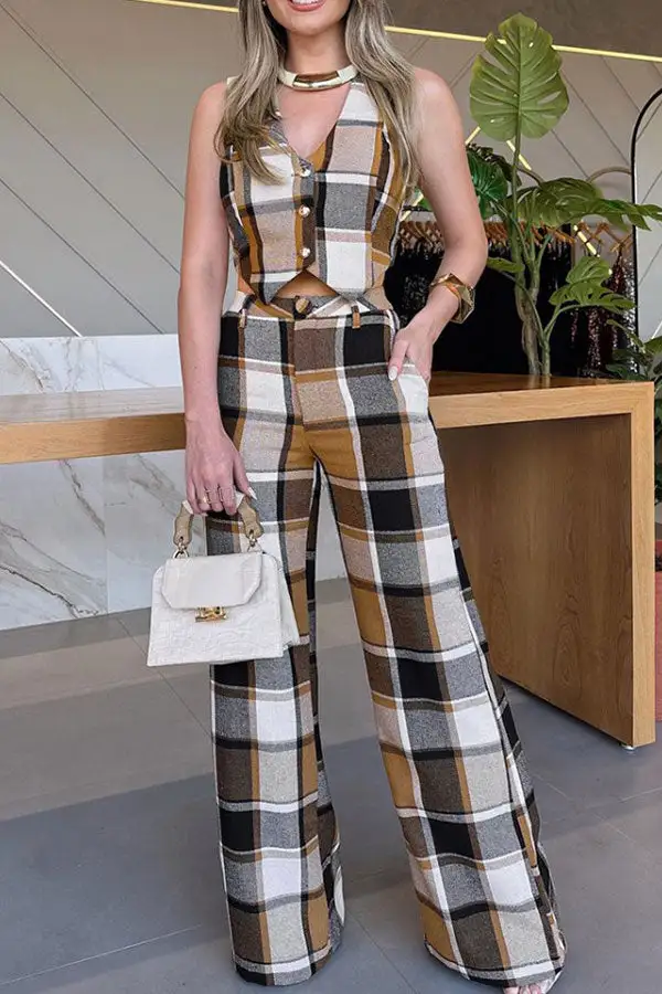 Khaki V-Neck Sleeveless Pant Set