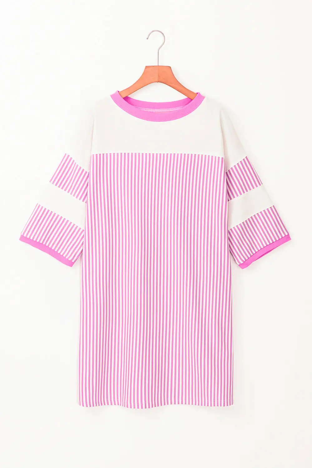 Striped Patchwork Three Quarters Sleeve Loose Mini Dress
