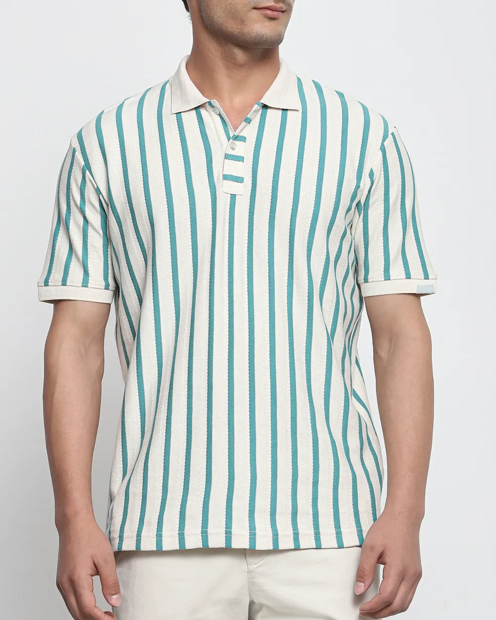 Teal Striped Textured Polo Shirt