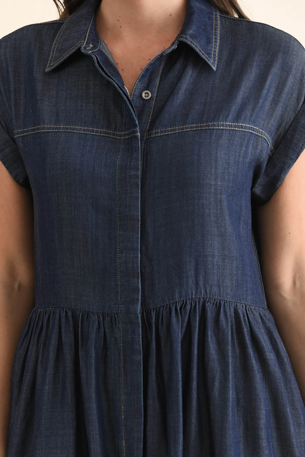 Below-Knee Denim Button-Front Pocket Collared Short-Sleeve A-Line Dress