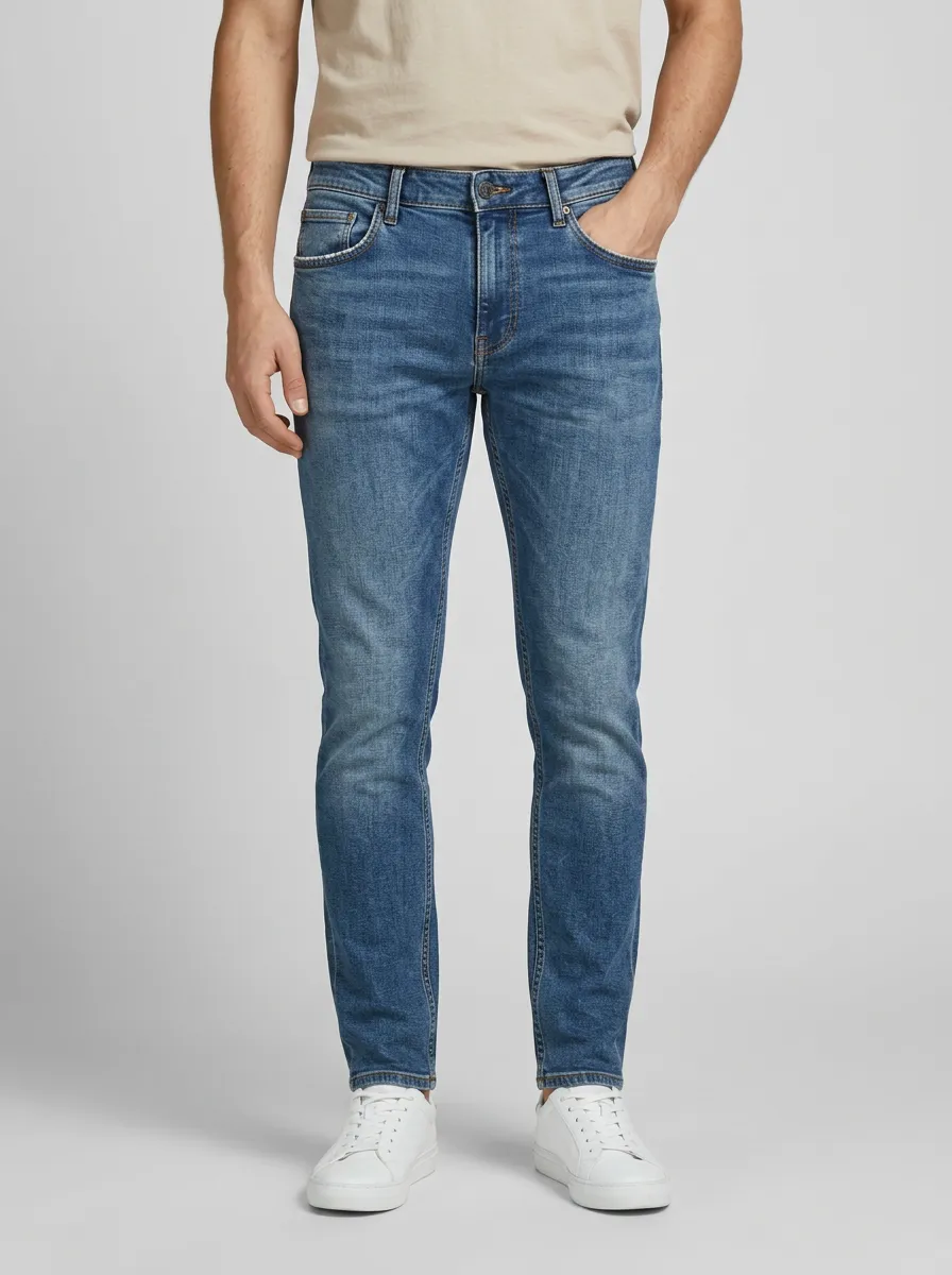Men's Mid-Blue Casual Blue Washed Slim Fit Jeans