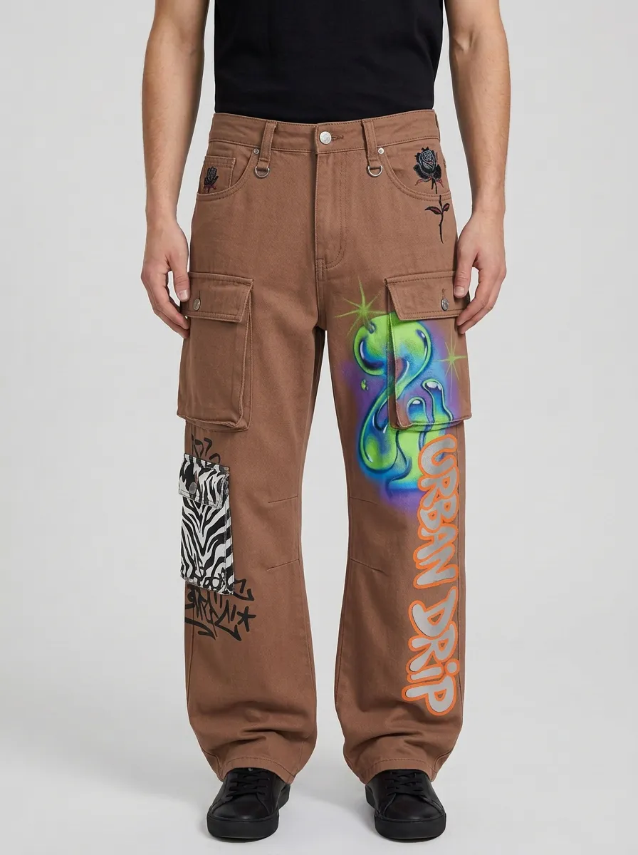 Men's Streetwear Urban Drip Graffiti Rose Zebra Graphic Cargo Jeans