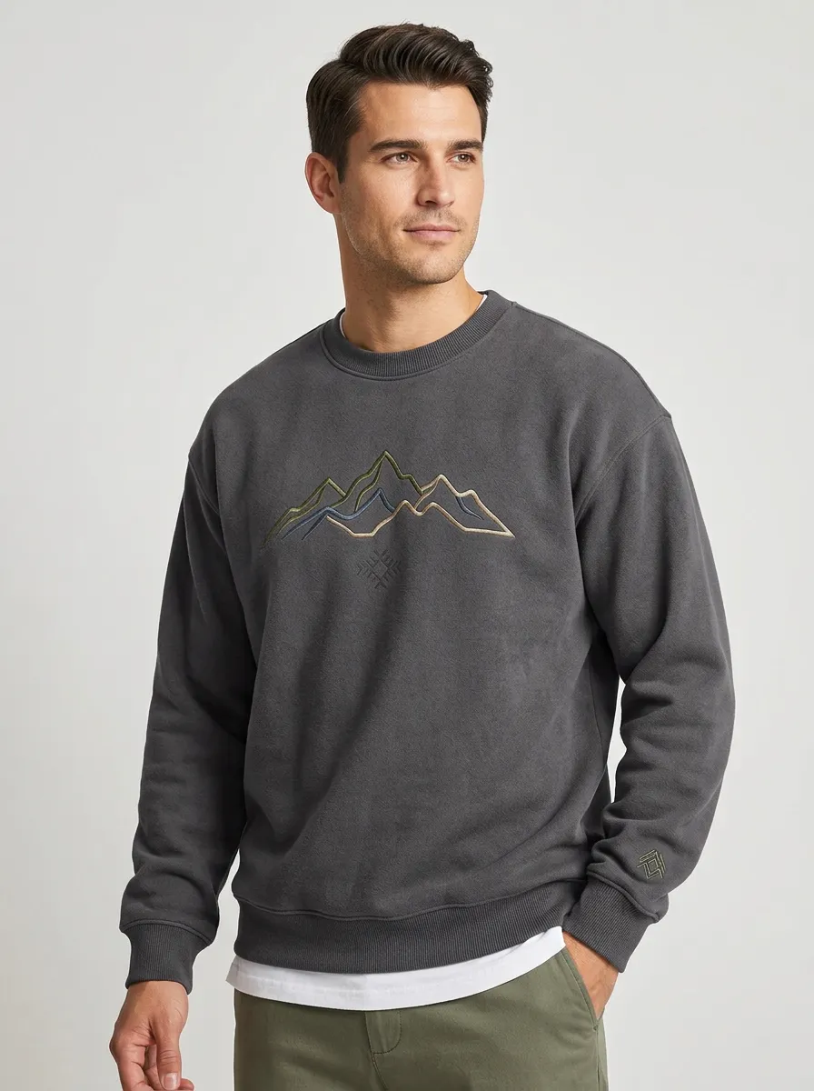 Men's Charcoal Outdoor Mountain Landscape Embroidered Fleece Sweatshirt