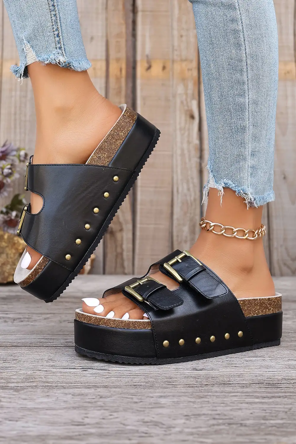Dual Buckle Studded Platform Sandals Slide Slippers Everyday