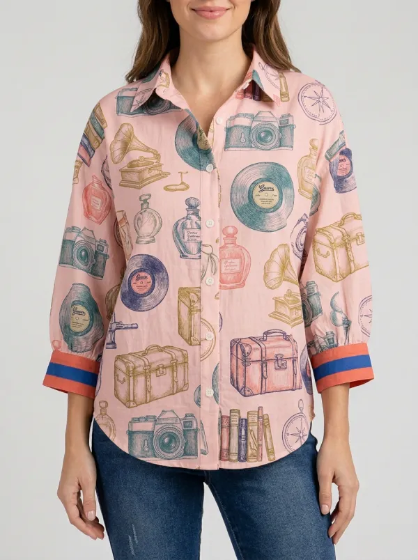 Women's Vintage Travel Camera Vinyl Graphic Button-Up Shirt