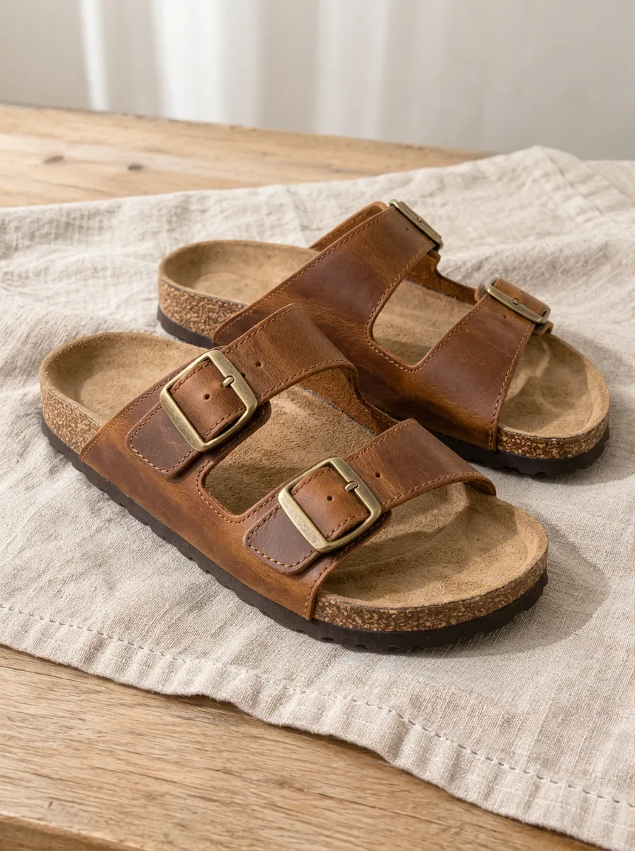Unisex Leather Classic Double Buckle Cork Sandals