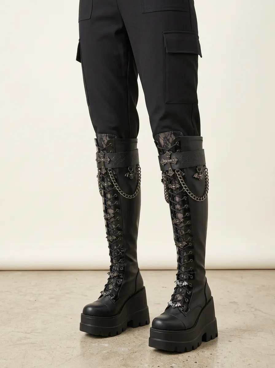 Modern Gothic Bat Cross Lace Look Women's Gothic Platform Boots