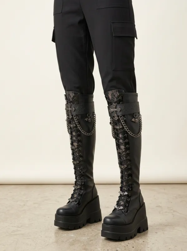 Modern Gothic Bat Cross Lace Look Women's Gothic Platform Boots