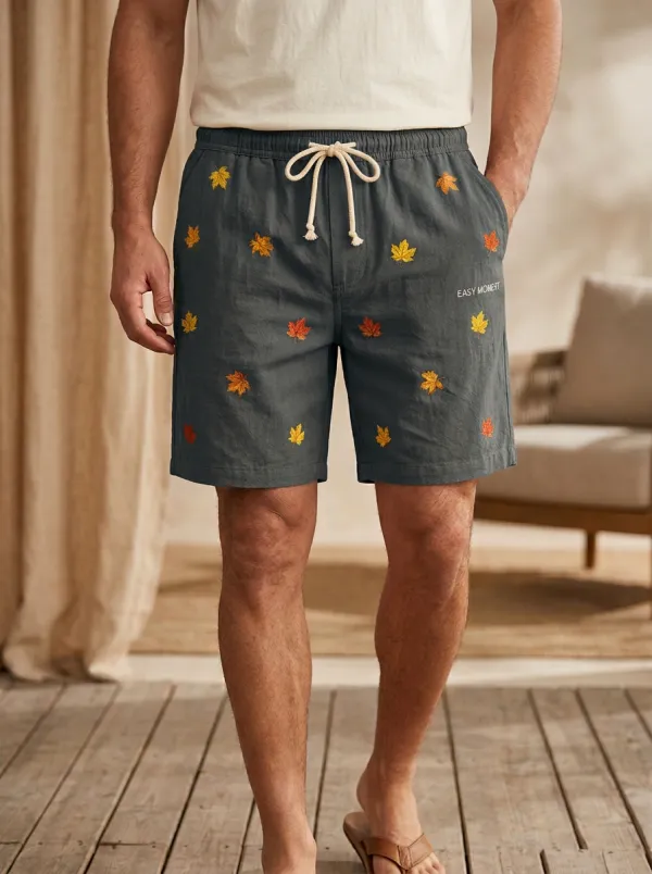 Tan Maple Leaf Embroidered Drawstring Braided Drawstring Shorts