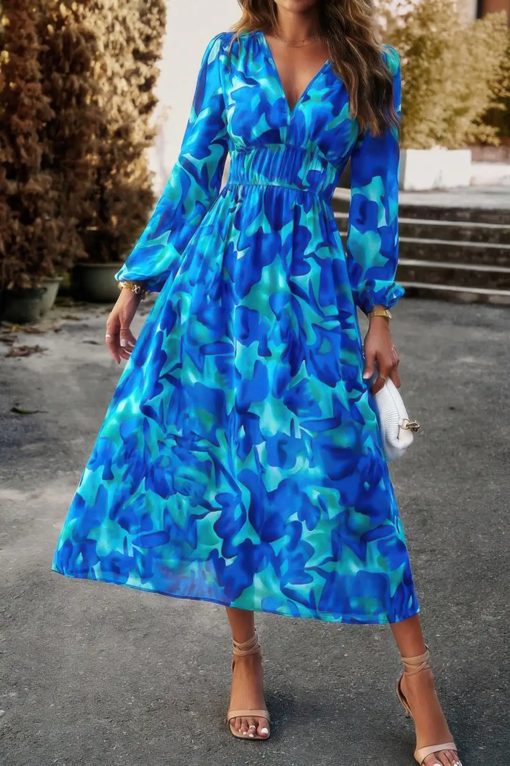 Boho V Neck Flared High Waist Long Sleeve Dress