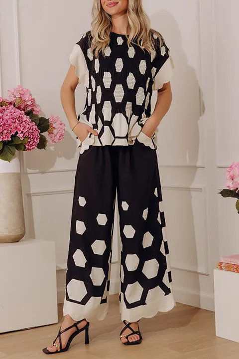 High Waist Wide Leg Scalloped Elastic Waist Pants