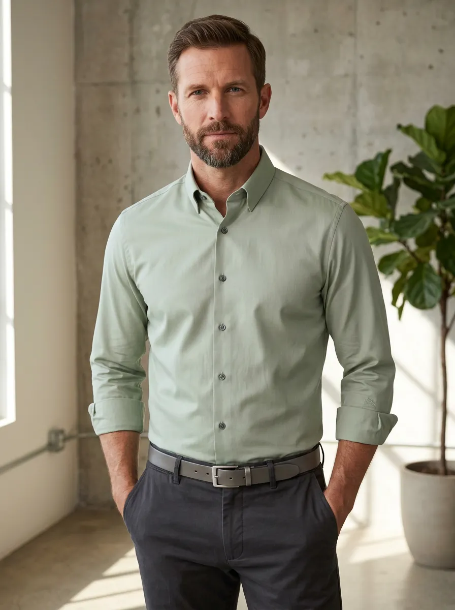 Men's Non-Iron Cotton Solid Sage Green Button-Down Shirt