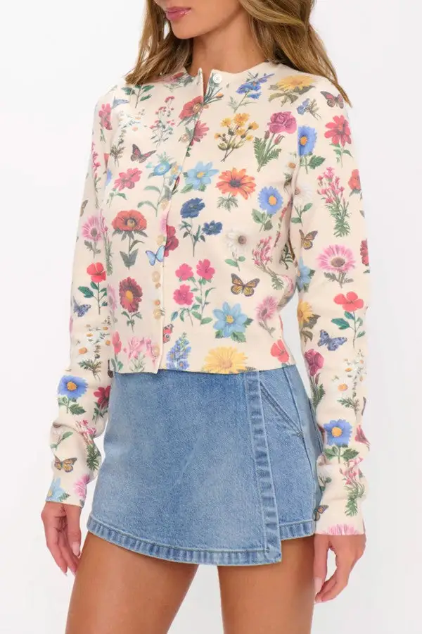 Floral Embroidered White Knit Cardigan