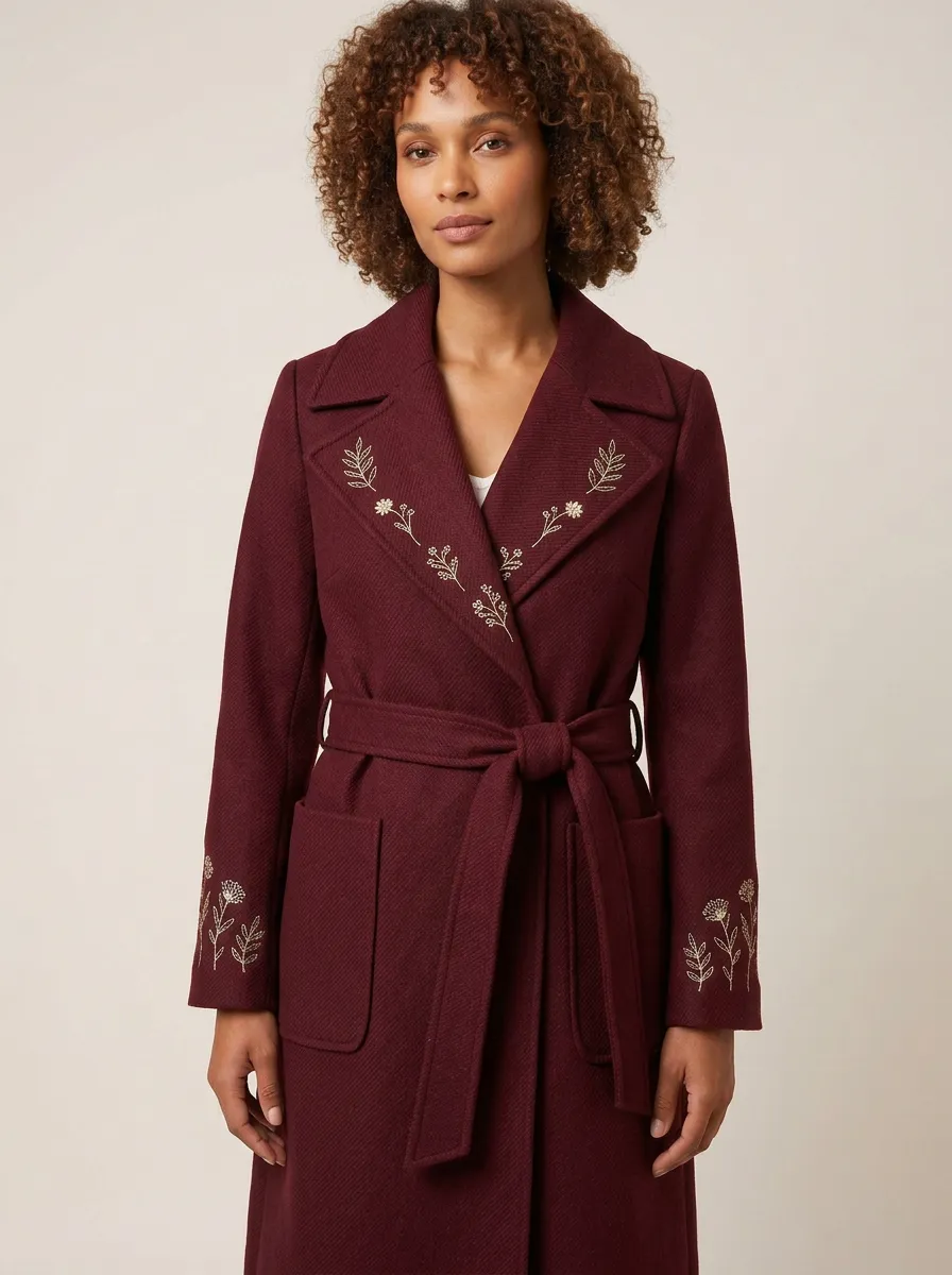 Women's Floral Embroidered Navy Pattern Coat