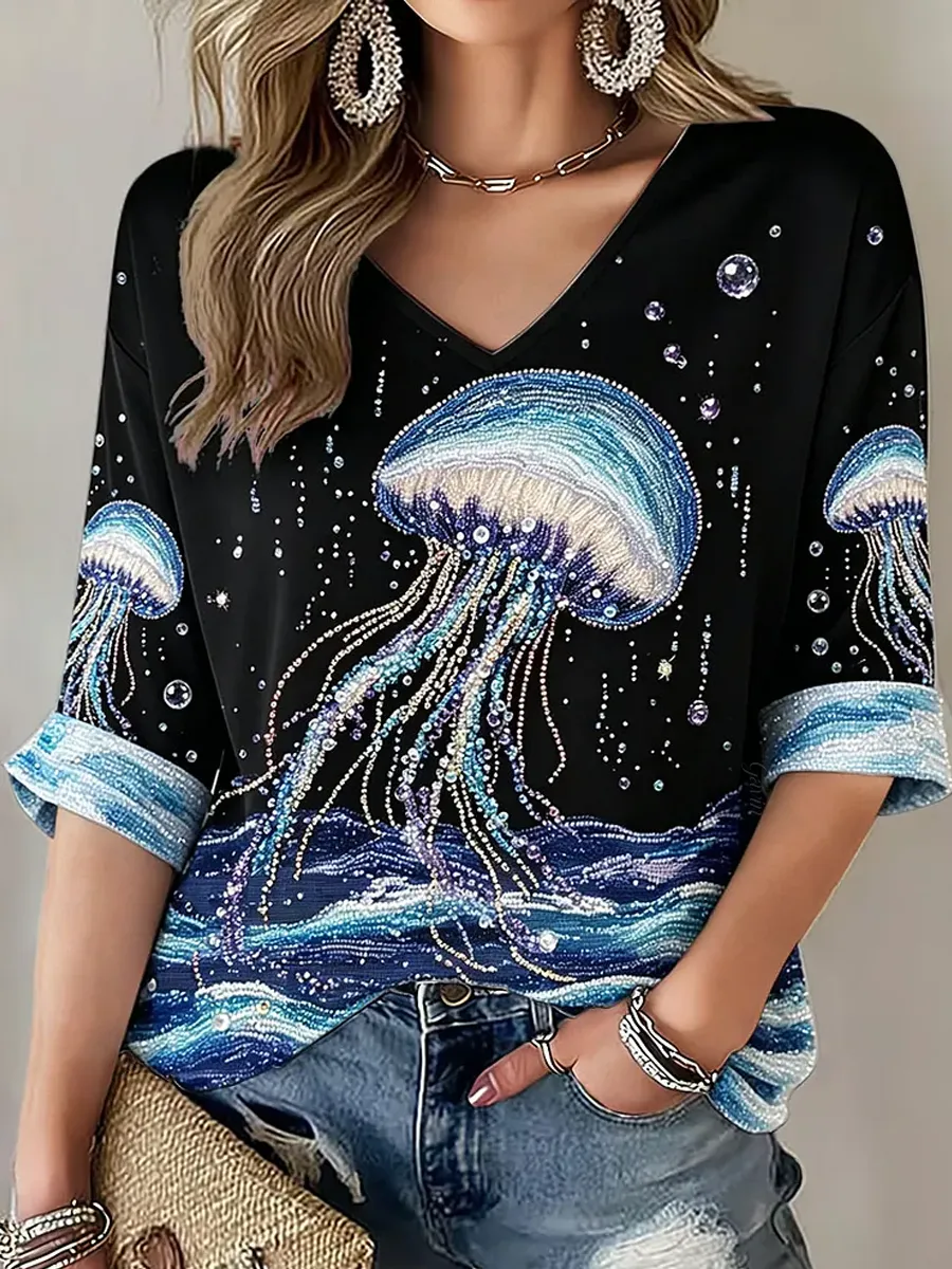 Women'S Beach Style Marine Art Print T-Shirt