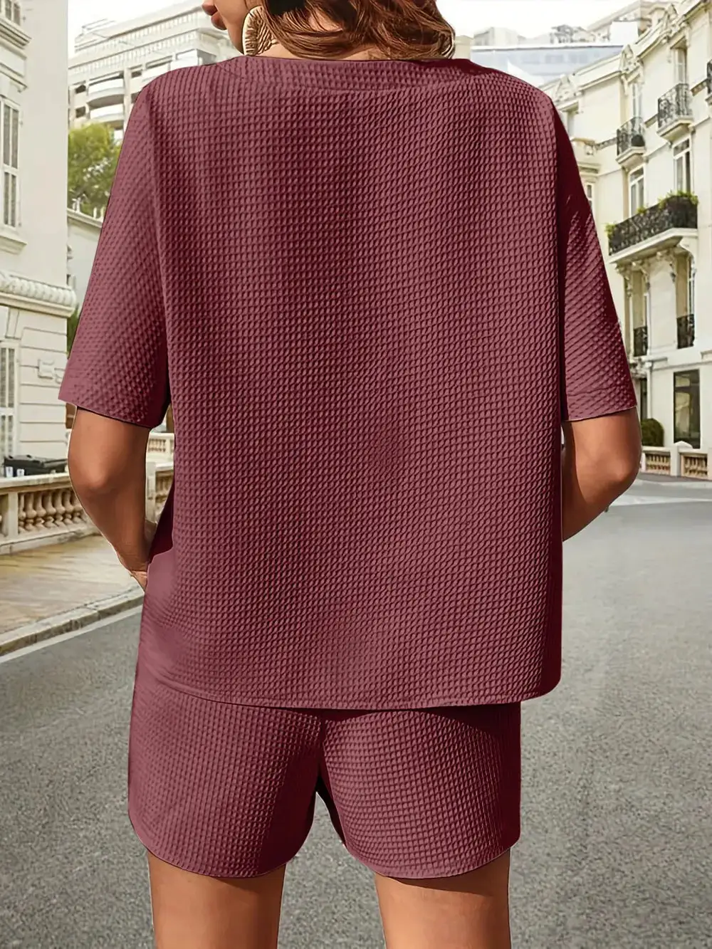 Waffle Knit Half Sleeve Top and Shorts Set