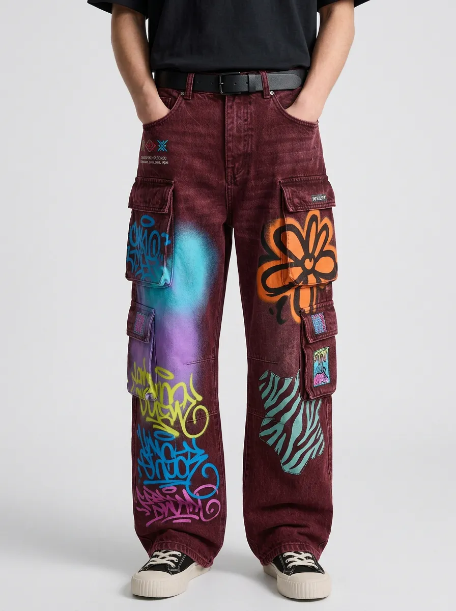 Men's Graffiti Floral Graphic Cargo Jeans