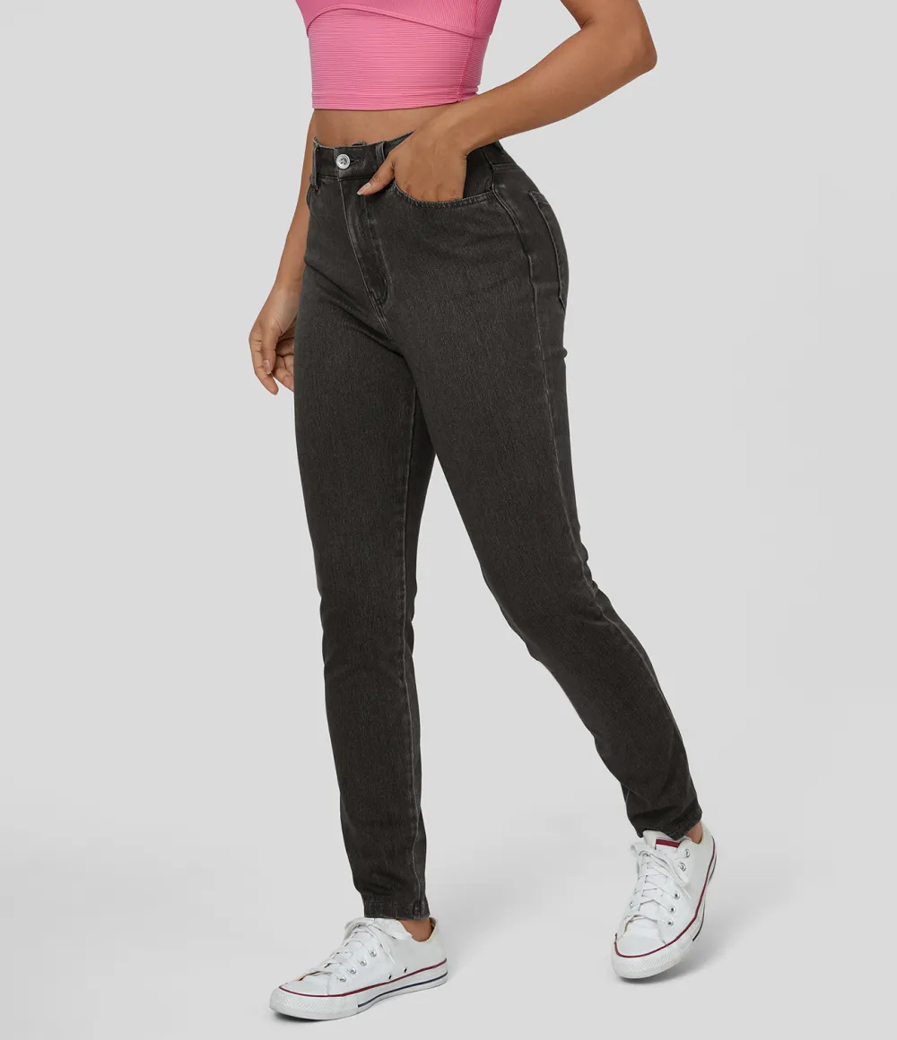 Magic High Waisted Button Zipper Multiple Pockets Stretchy Knit Casual Jeans