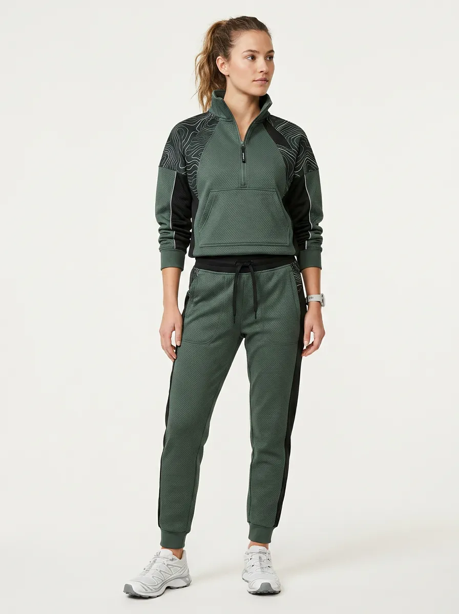 Women's Forest Green Quarter-Zip Pullover and Jogger Set - Ribbed