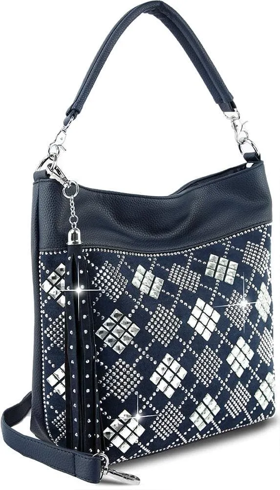 Timeless Detail Studded Crystal Accent Pocketed Faux Leather Hobo Shoulder Bag
