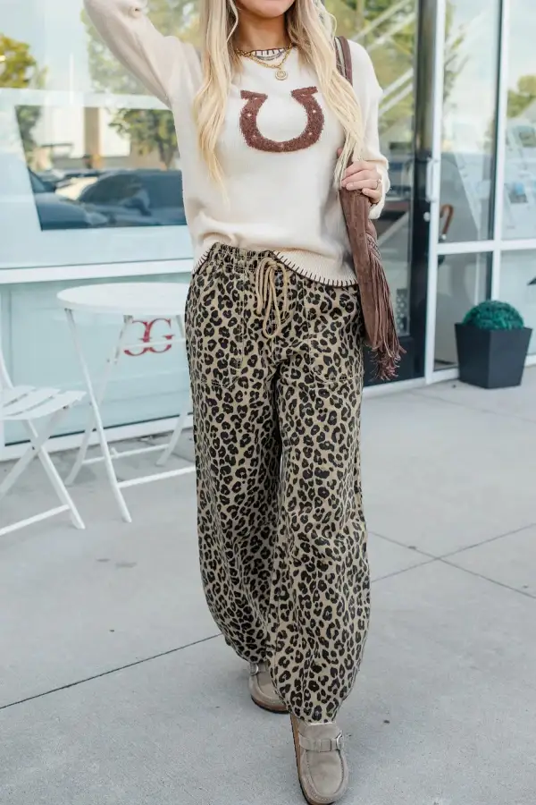 Leopard Print Drawstring Elastic Waist Loose Denim Pants with Pockets