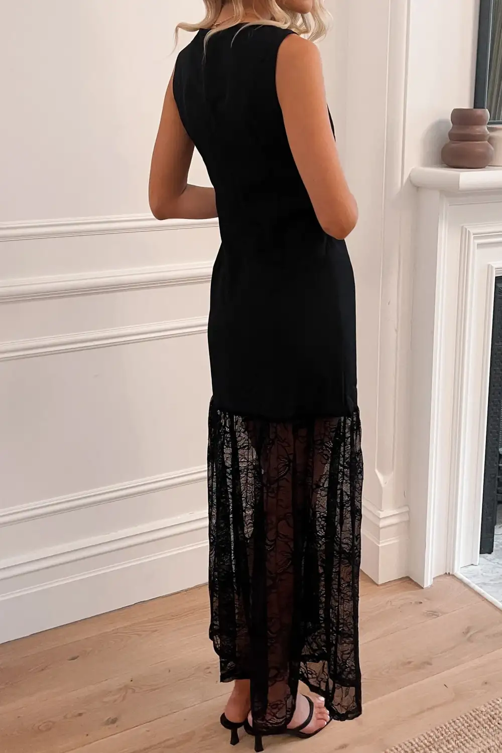 Maxi Solid Color Sleeveless Sheer Floral Lace Patchwork Long