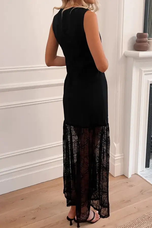 Maxi Solid Color Sleeveless Sheer Floral Lace Patchwork Long