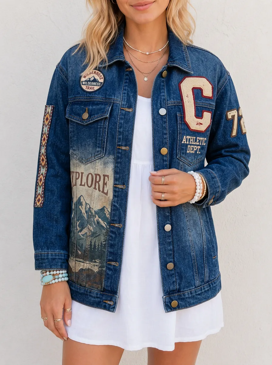 Women's Wilderness Explore Mountain Patchwork Printed Denim Jacket