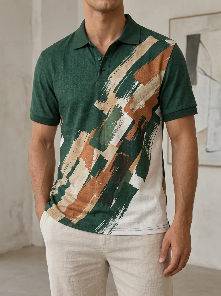 Men's Abstract Brushstroke Green Brown Printed Polo Shirt Relaxed Daily Style