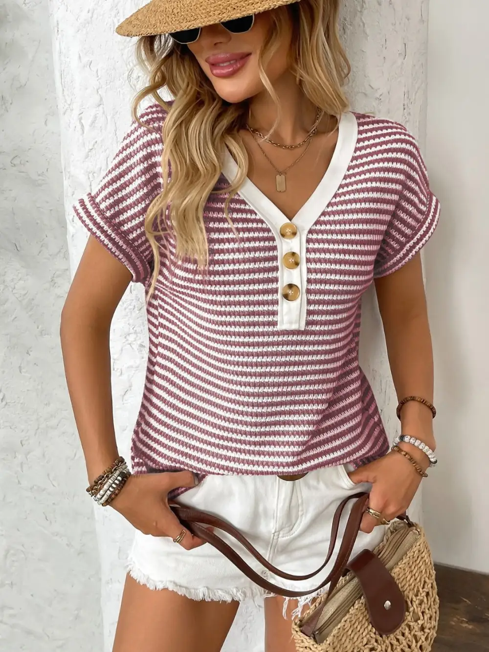 V-Neck Short-Sleeve Button-Detail Striped T-Shirt