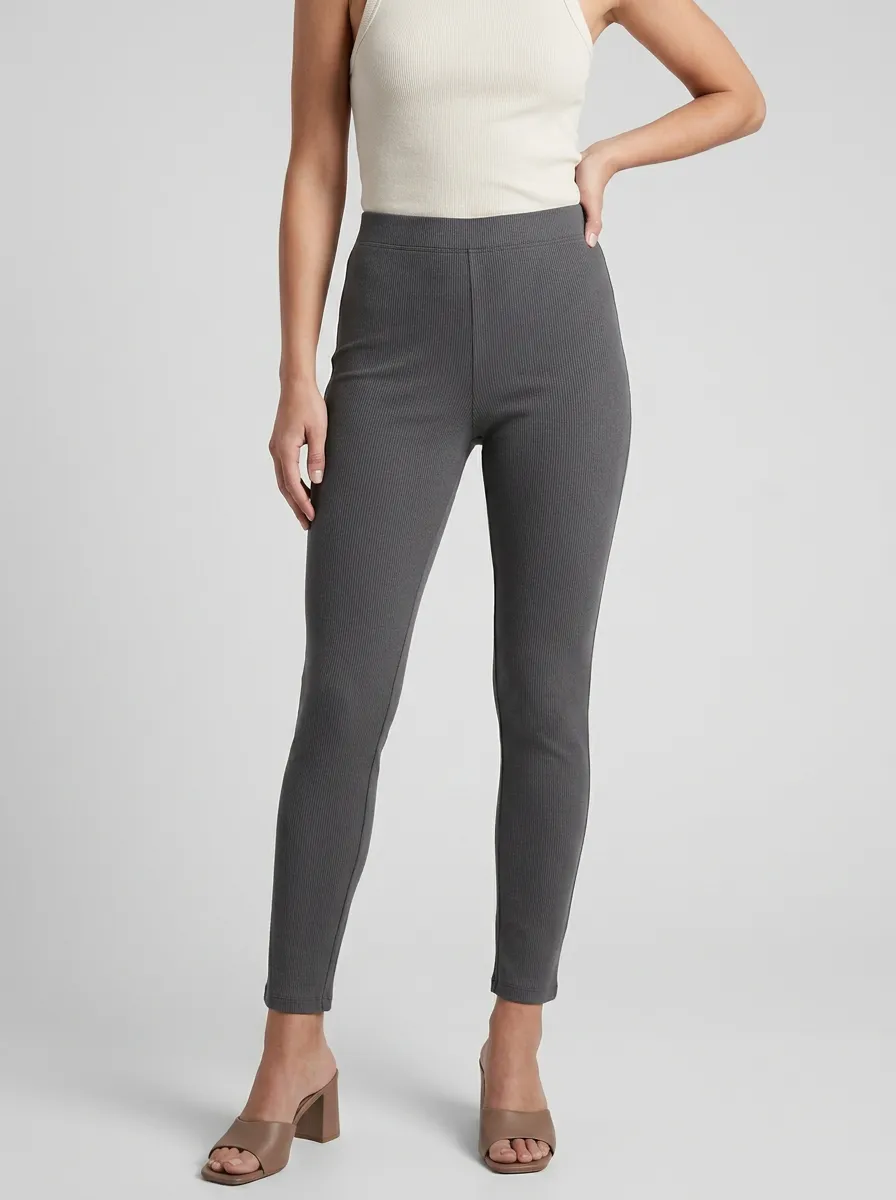 Stretch Ribbed Casual Women's Stretch Mid-Rise Pants