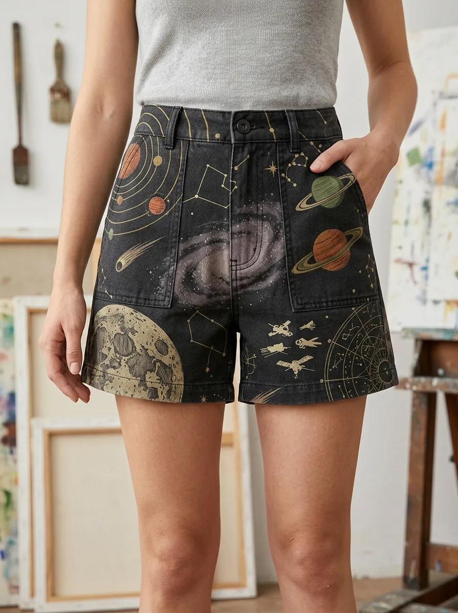 Women's Everyday Space Astronomy Lover Galaxy Planet Printed Shorts