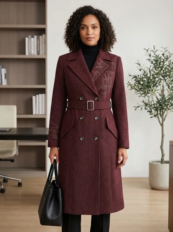 Women's Geometric Line Art Herringbone Printed Trench Coat