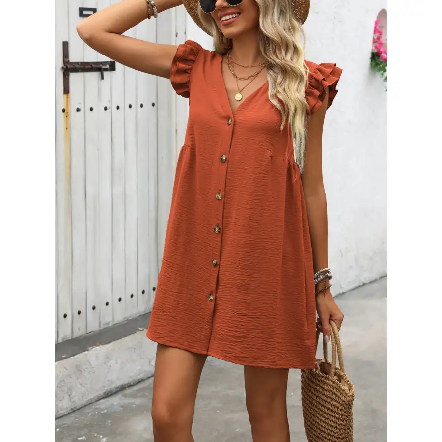 Button Up V-Neck Cap Sleeve Mini Dress