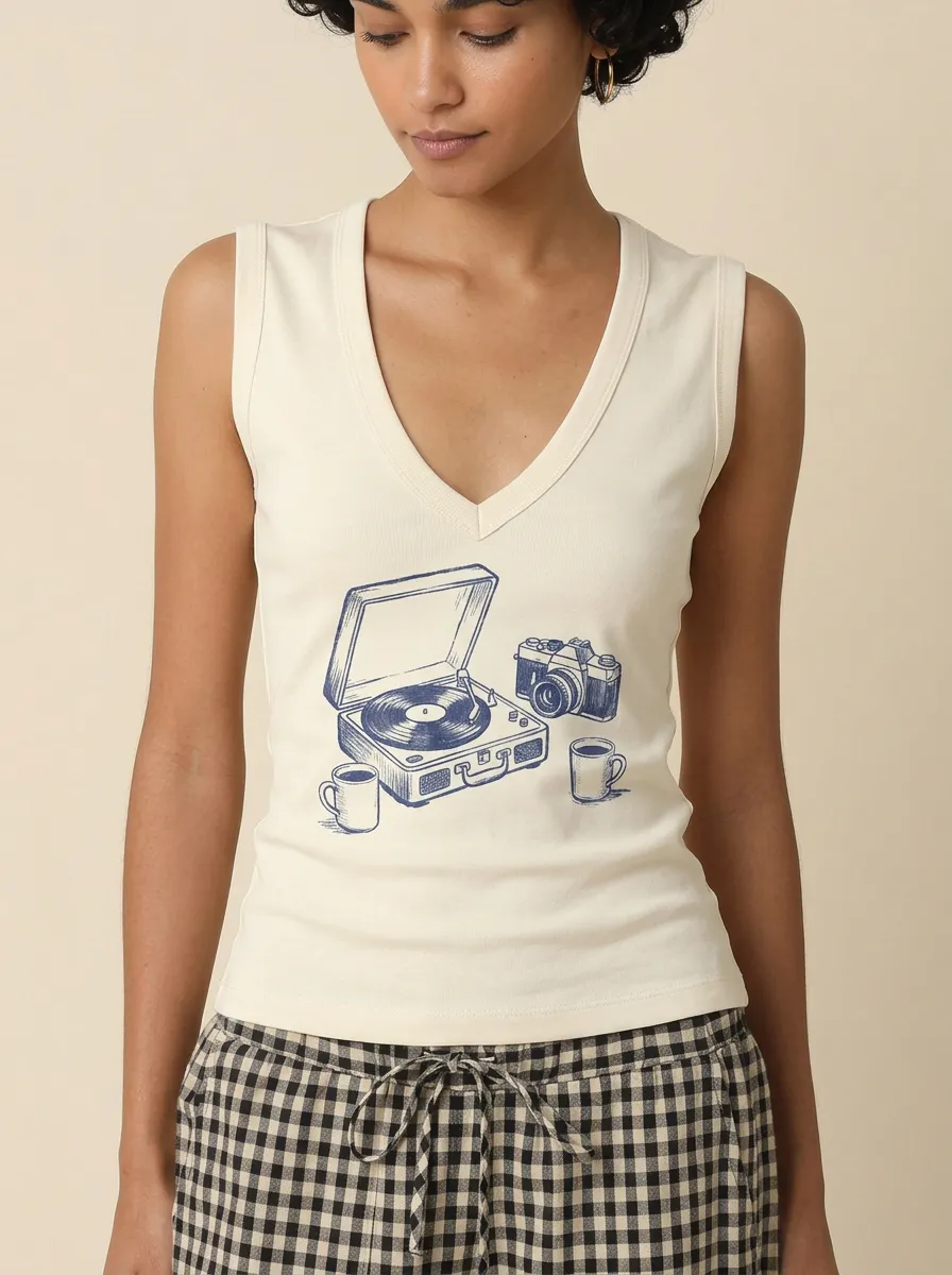 Women's Retro Hobbyist Record Player Camera Printed Tank Top