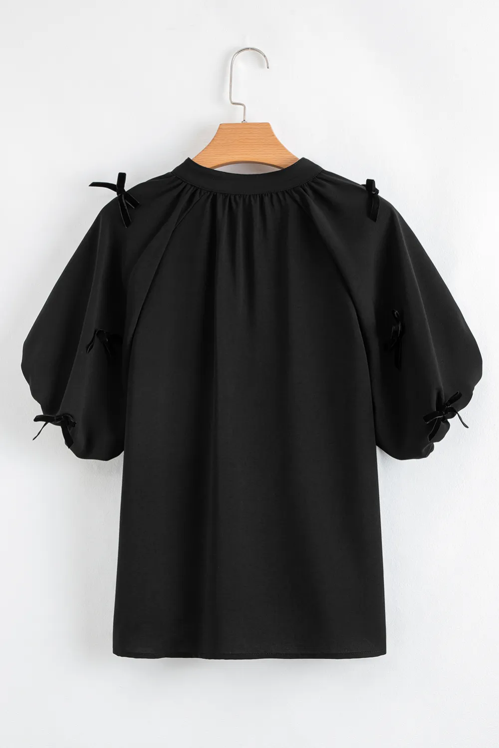 Bow Detail Puff Sleeve Split Neck Blouse