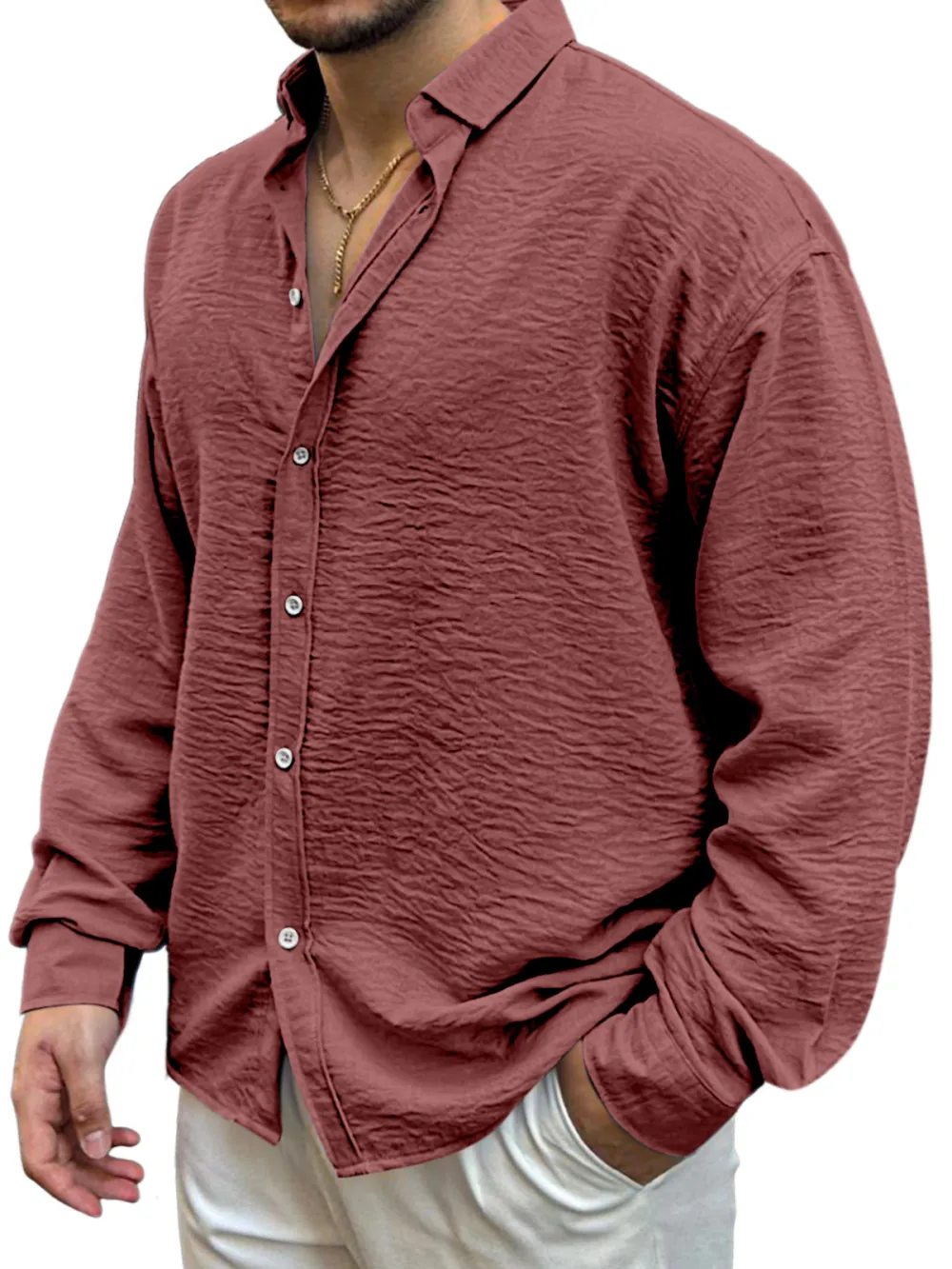 Garment Washed Camp Collar Pleated Front Shirt