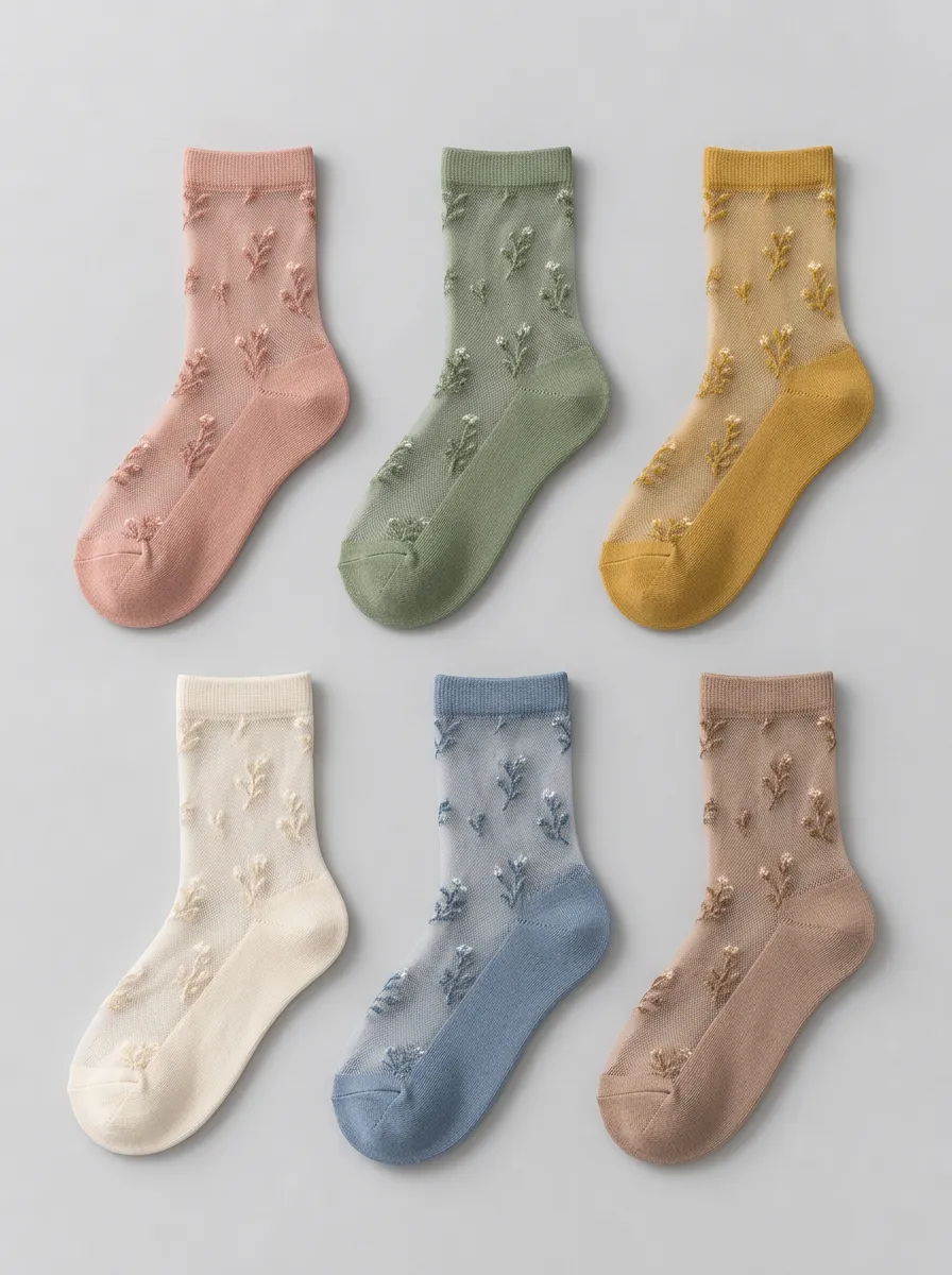 Women's Multicolor Floral Sheer Crew Embroidered Socks 6-Pack