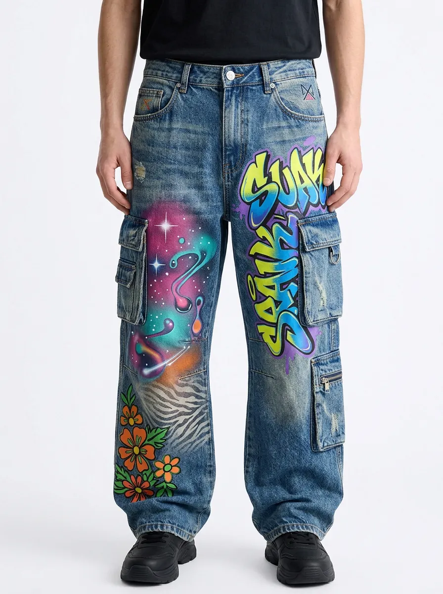 Men's Streetwear Graffiti Galaxy Floral Graphic Cargo Jeans
