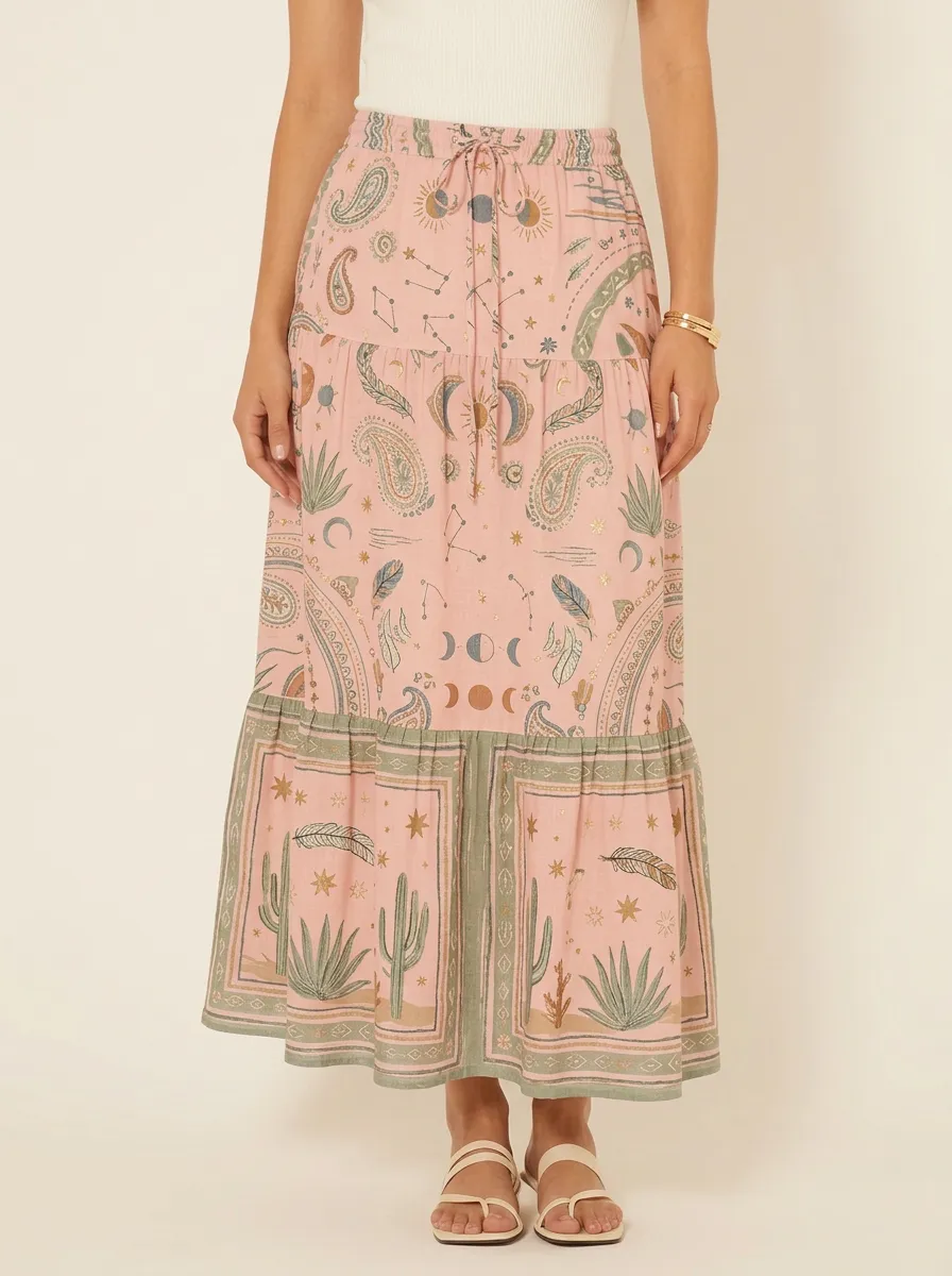 Women's Celestial Boho Cactus Paisley Graphic Maxi Skirt